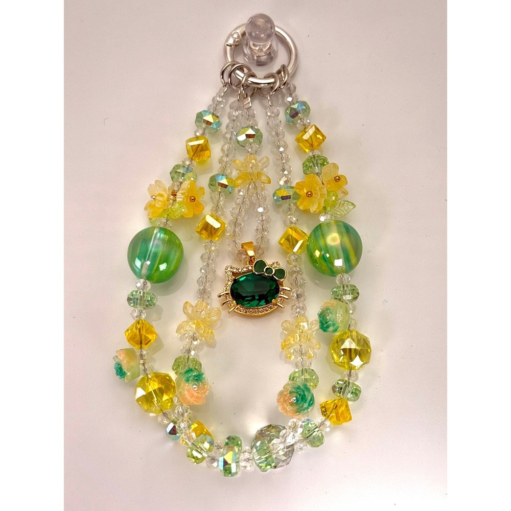 Green Cat Phone Wristlet Charm Beaded Crystal Floral Pearl Purse Bag Keychain